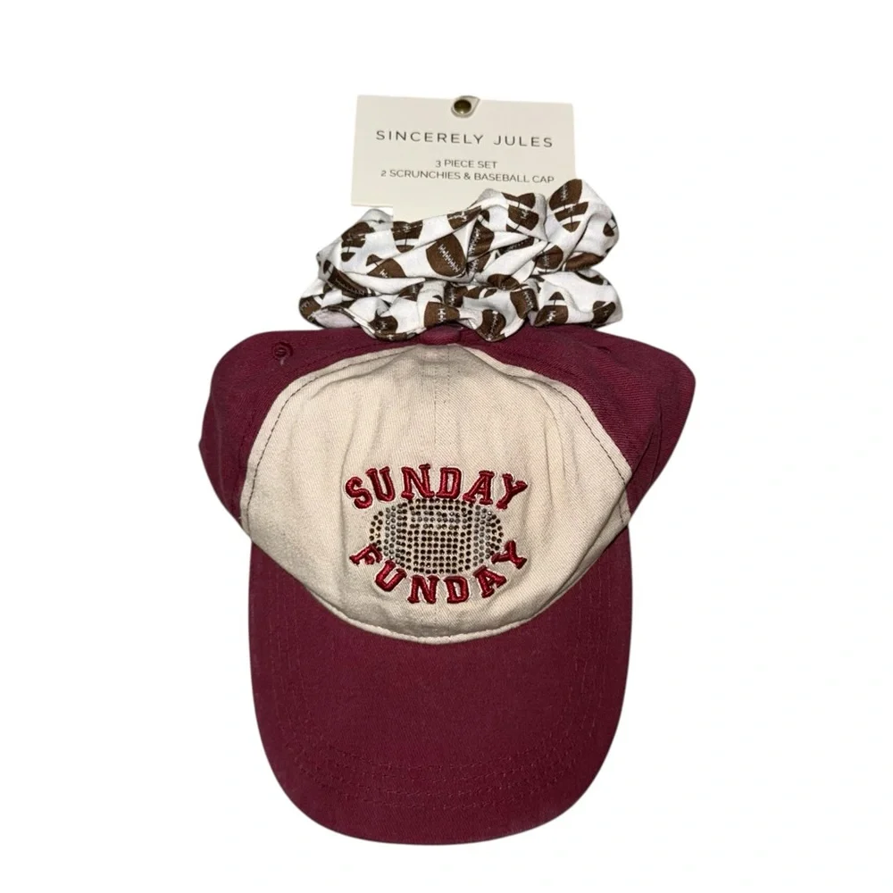 Sincerely Jules Burgundy and Cream Cap with Scrunchies - Picture 2 of 6